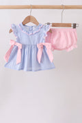 Blue Stripe Bow Seersucker Bloomer Set