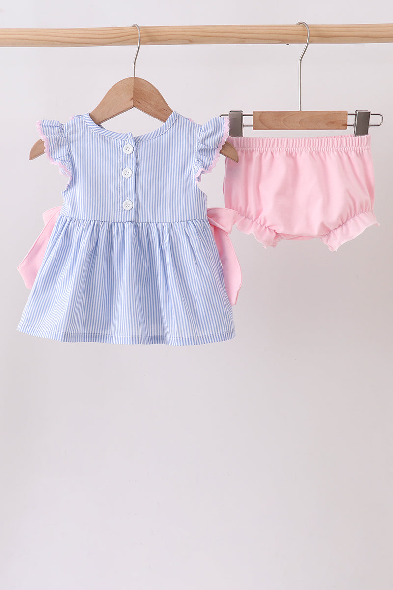 Blue Stripe Bow Seersucker Bloomer Set