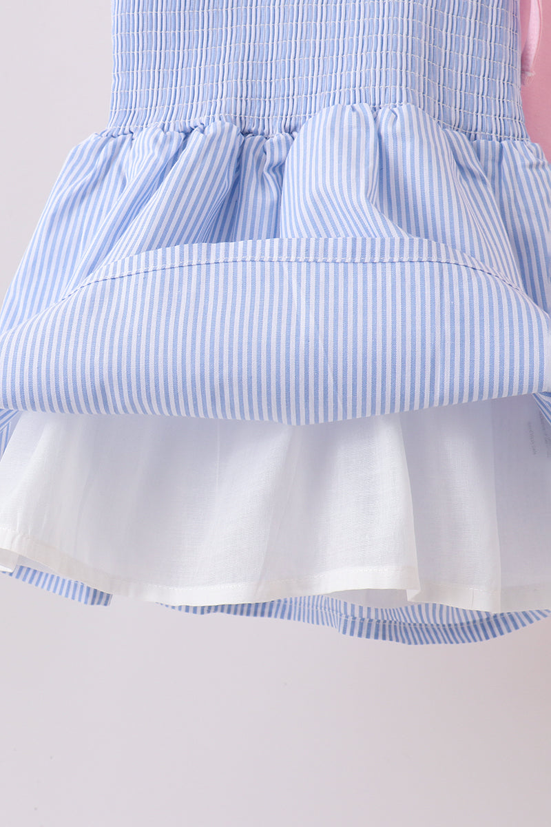 Blue Stripe Bow Smocked Seersucker Ruffle Shorts Set