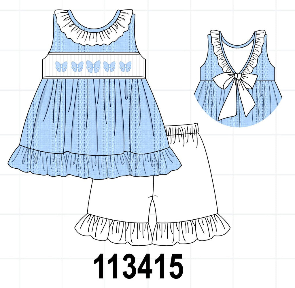 Blue Bow Smocked Embroidered Jacquard Set