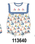 Blue Sailboat Embroidered Ruffle Bubble