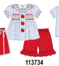 Blue Apple Embroidered Plaid Ruffle Shorts Set