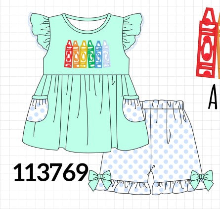 Mint Crayon Applique Ruffle Shorts Set