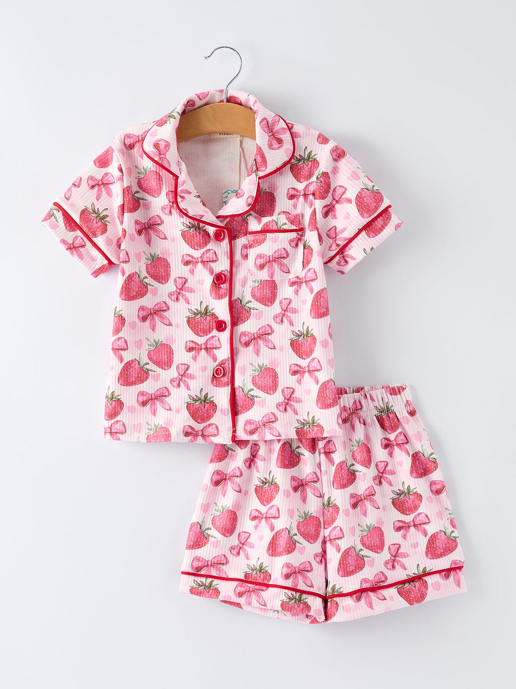 Spring Strawberry Bow Short Sleeve Shorts Pajama Set