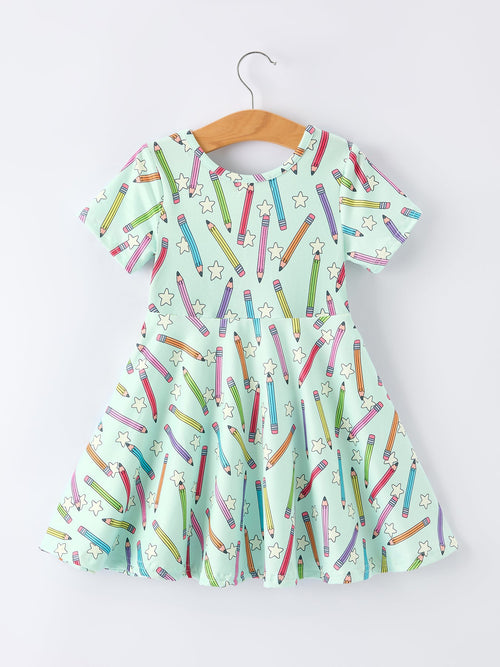 Back to School Pencil Print Girls Dress Short Sleeve
