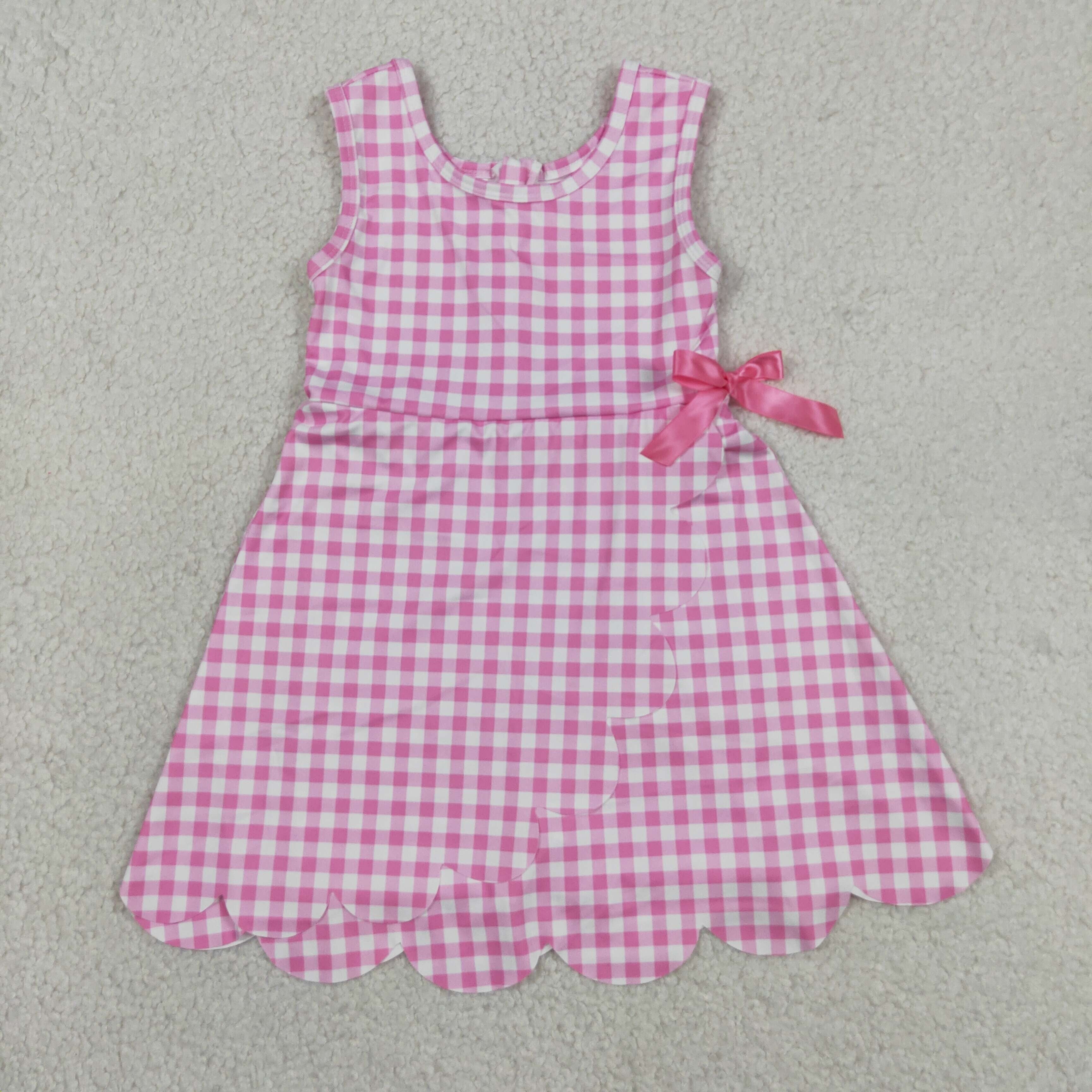 Pink Performance Gingham Bow Scalloped Dress