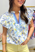 Blue Floral Frilled Blouse