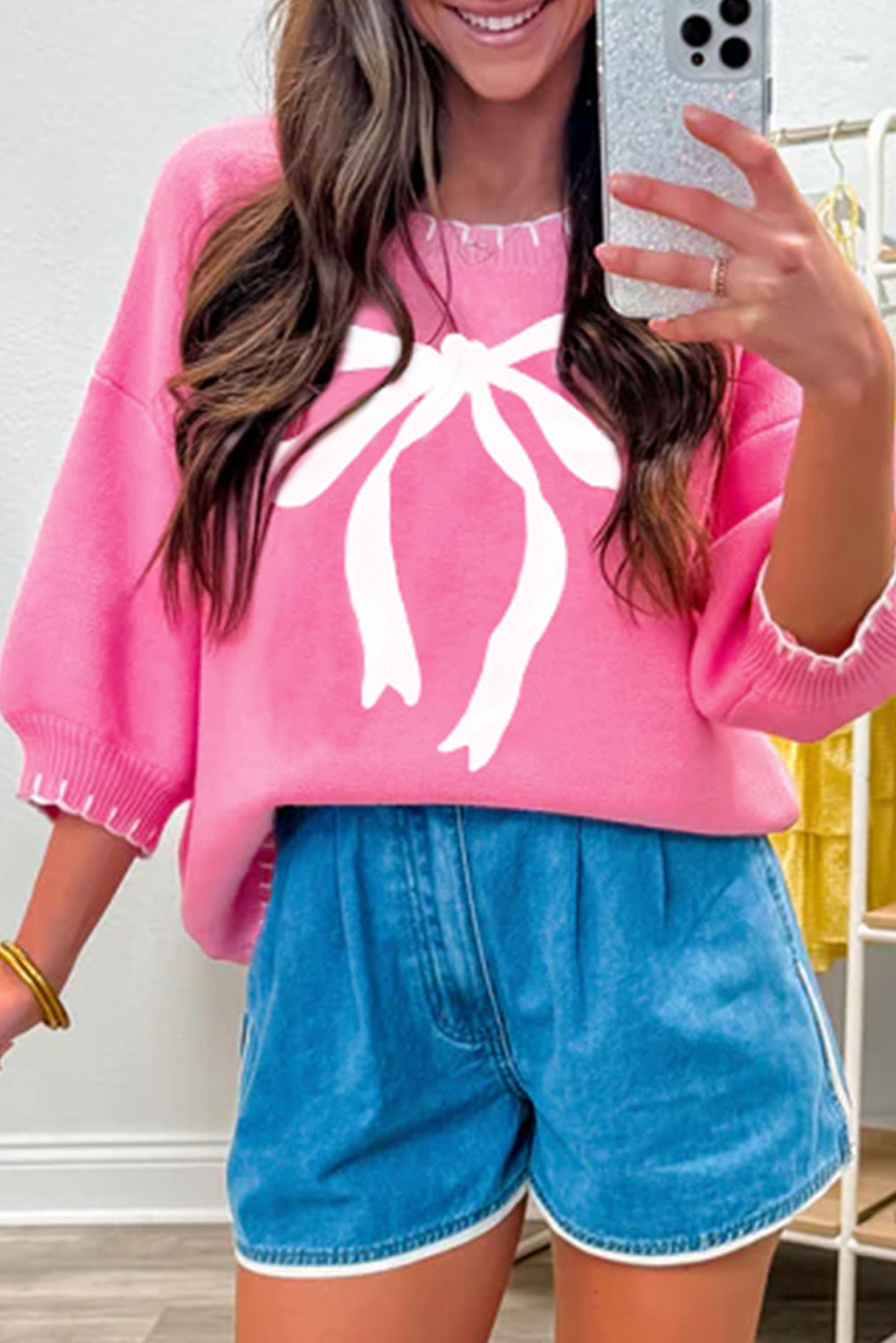 Sachet Pink Big Ribbon Bow Print Contrast Stitch Trim Drop Shoulder Sweater