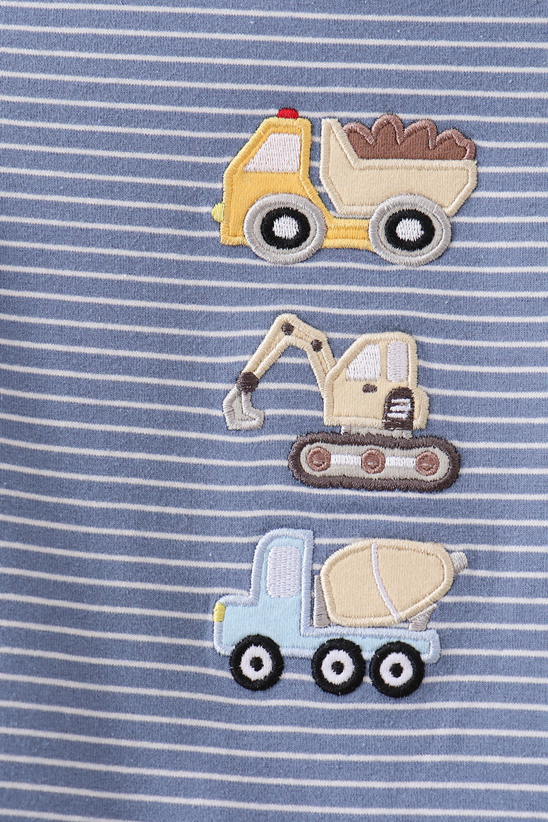 Blue stripe truck embroidery romper