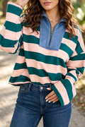 Green Stripe Quarter Zip Top
