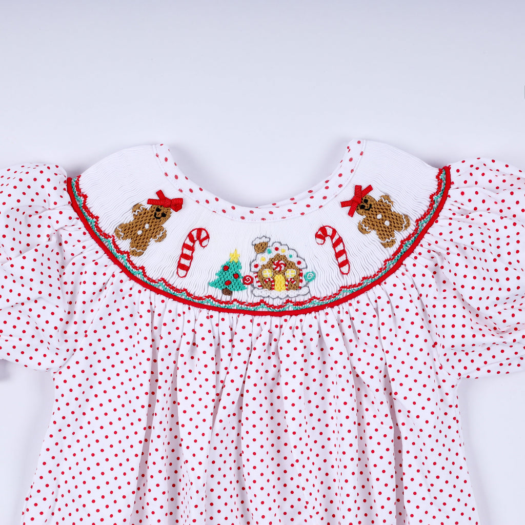 Red gingerbread hand smocked bubble