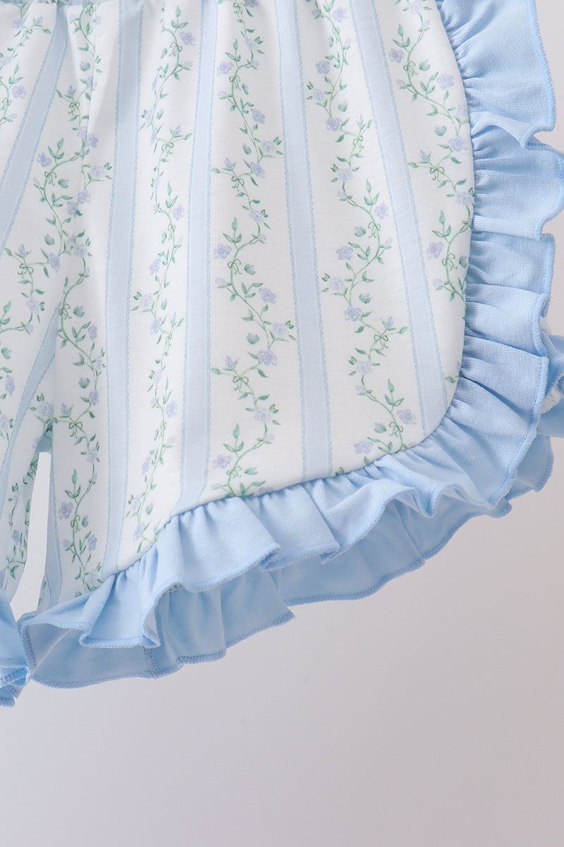Blue character applique ruffle shorts set