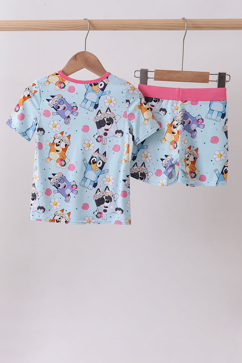 Blue character floral bamboo pajama set