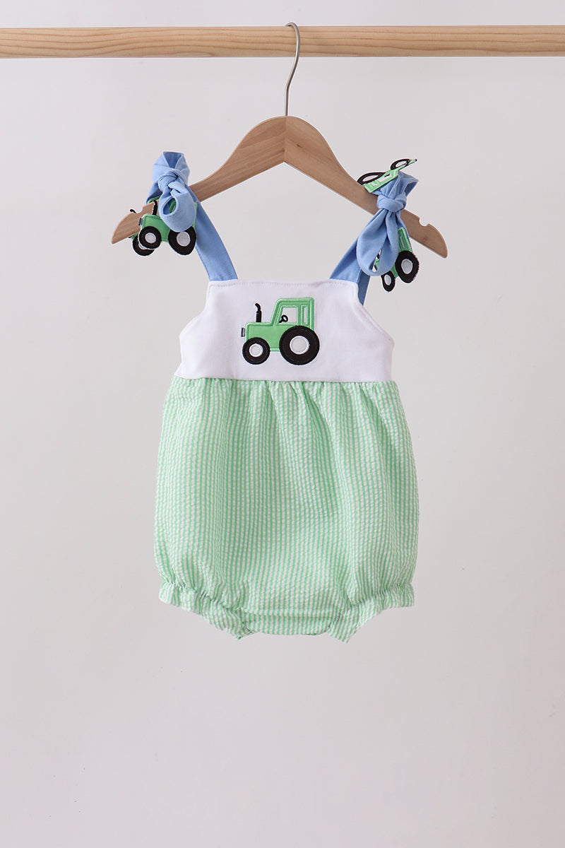 Green Tractor Applique Seersucker Bubble