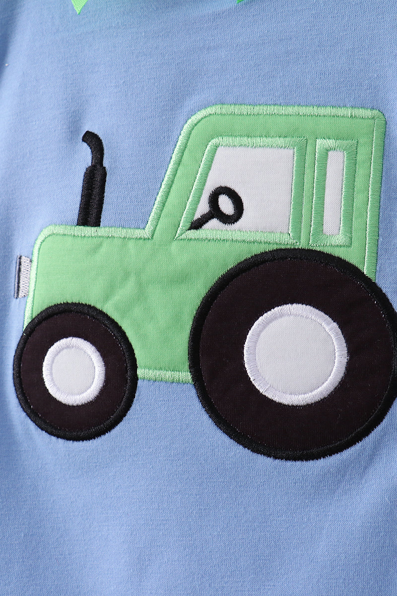 Blue Tractor Applique Seersucker Bloomer Set
