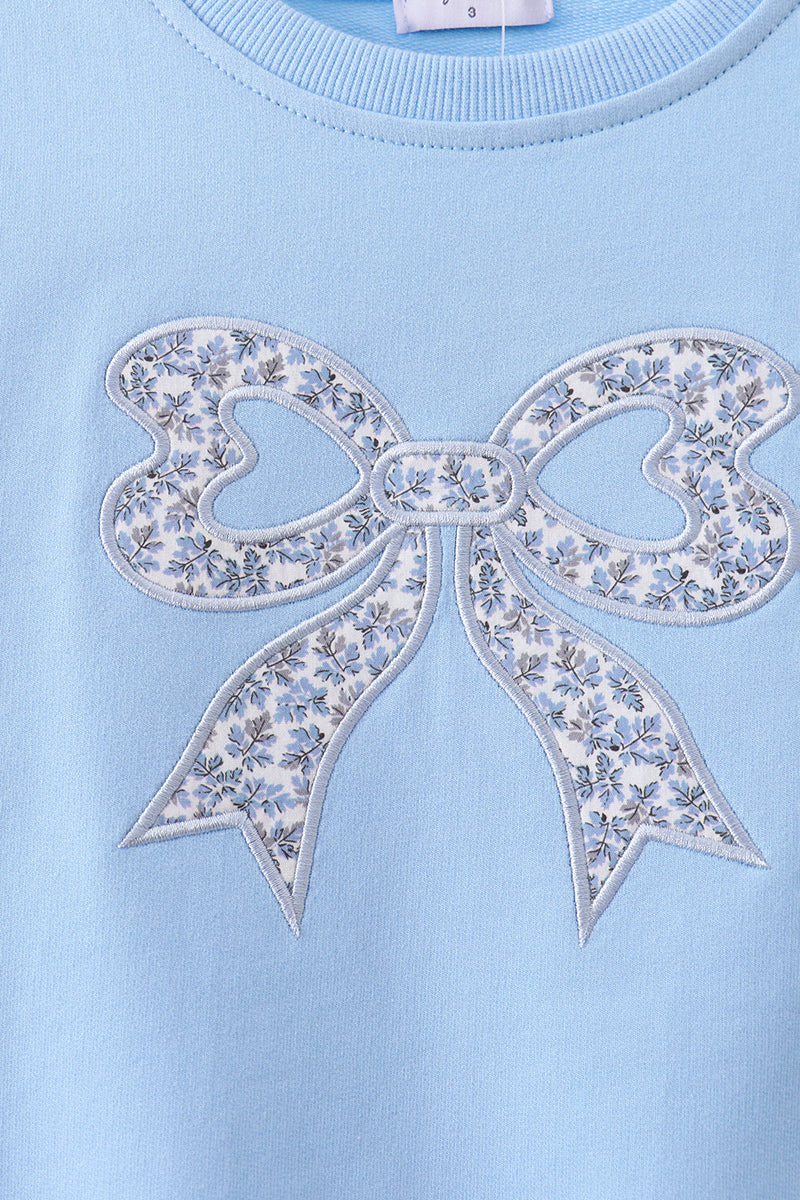 Blue Floral Bow Embroidery Top