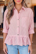 Pink Plaid Ruffle Button Shirt